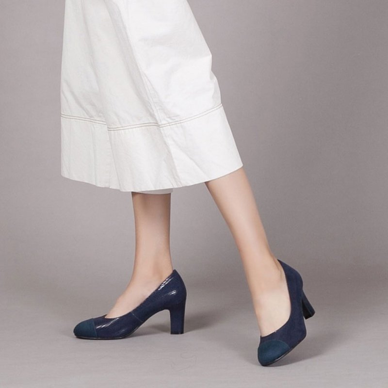 [Through time and space] Simple and fashionable super stable heel shoes_houndstooth blue - High Heels - Other Man-Made Fibers Blue