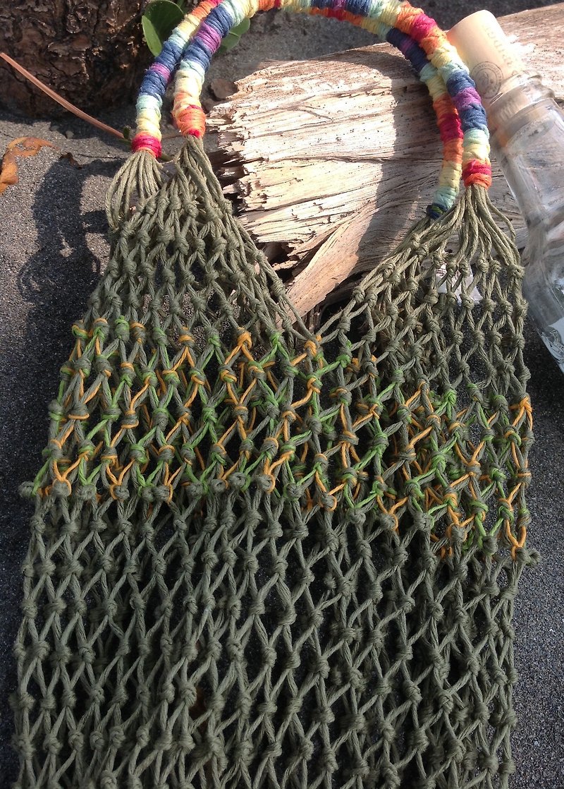 L-shaped American handmade environmentally friendly woven mesh bag / forest series / beverage bag / shopping bag / storage - Beverage Holders & Bags - Cotton & Hemp Green