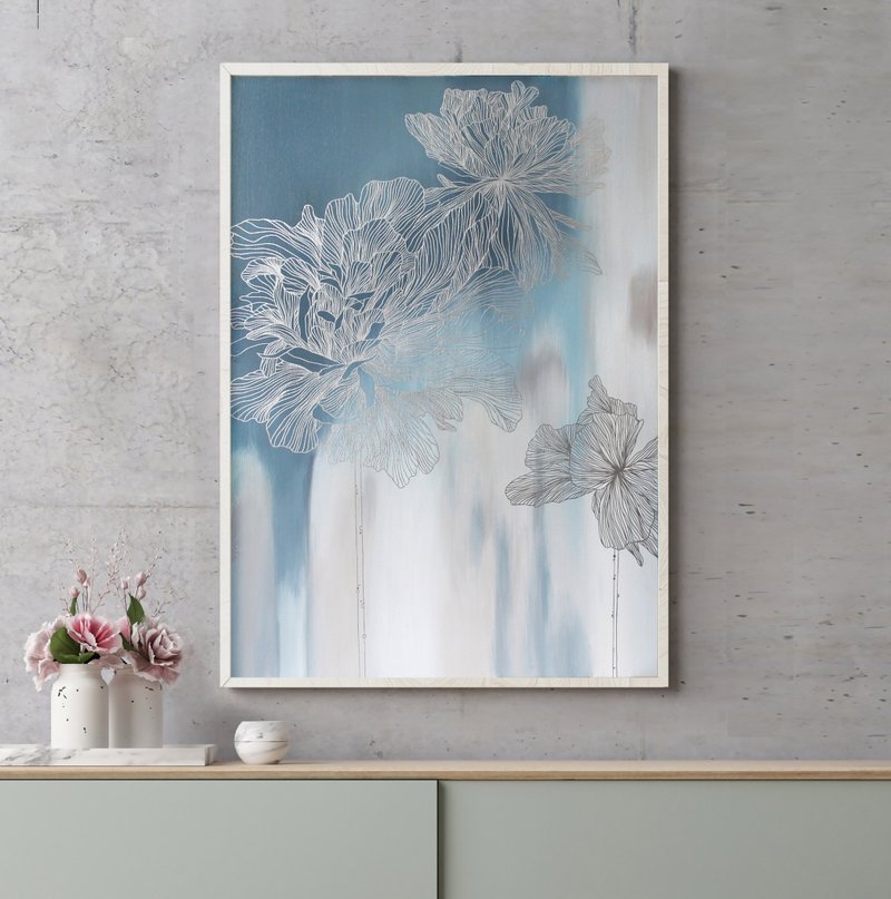 Floral Abstract Blue Silver Painting | Blue and Silver Art Silver Thinness 2 - 壁貼/牆壁裝飾 - 棉．麻 藍色