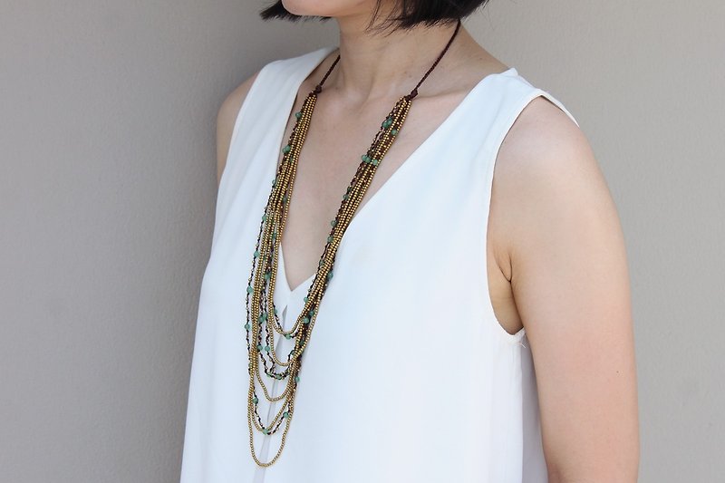 Jade pattern necklace long layer woven Stone beaded romantic - Necklaces - Other Metals Green