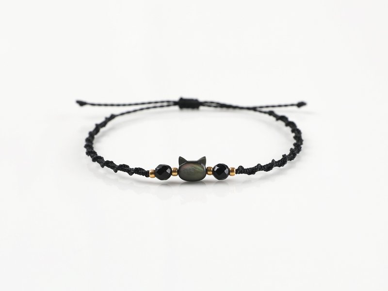 Black Cat mother-of-pearl, Onyx macrame knot bracelet - 手鍊/手鐲 - 蠟 黑色