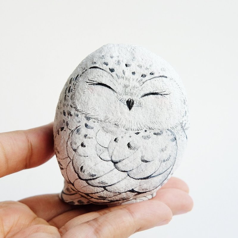 貓頭鷹, 石頭繪畫,手工製作的禮物 - 公仔模型 - 石頭 咖啡色