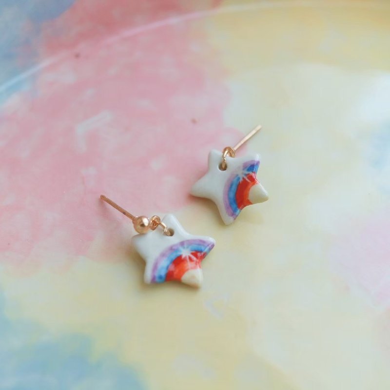 rainbow star ceramic earrings - Earrings & Clip-ons - Pottery 