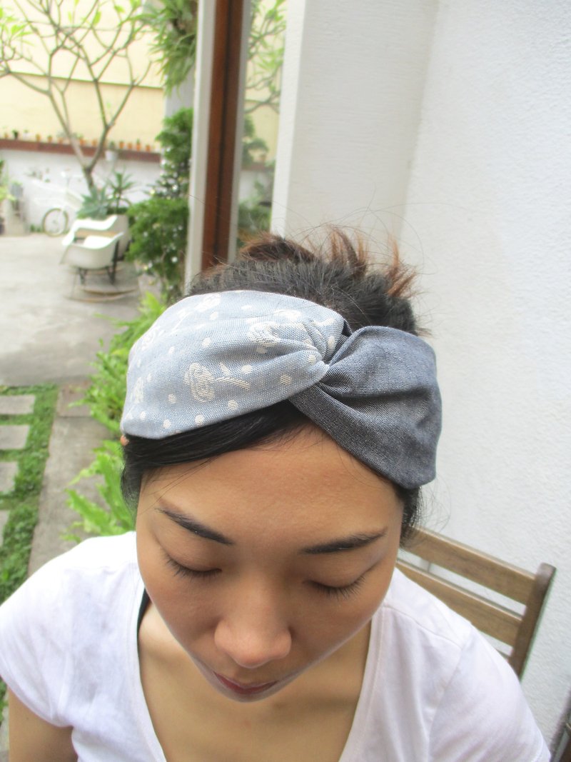 Cross hair band (elastic handmade) - Japanese color / Blue Rose - Hair Accessories - Cotton & Hemp Blue