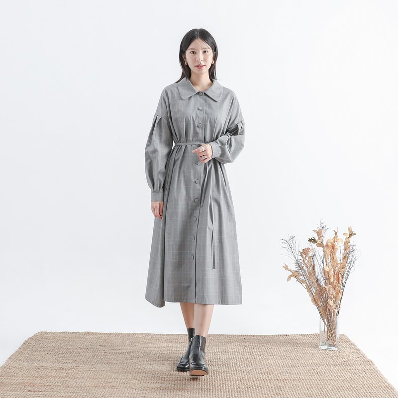 [Classic Original] Peaceful_Peaceful French Dress_CLD510_Gray Plaid - One Piece Dresses - Polyester Brown