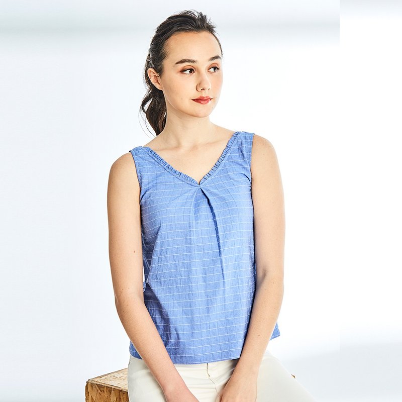 Mesh stitching micro-waist top - เสื้อกั๊กผู้หญิง - ผ้าฝ้าย/ผ้าลินิน สีน้ำเงิน