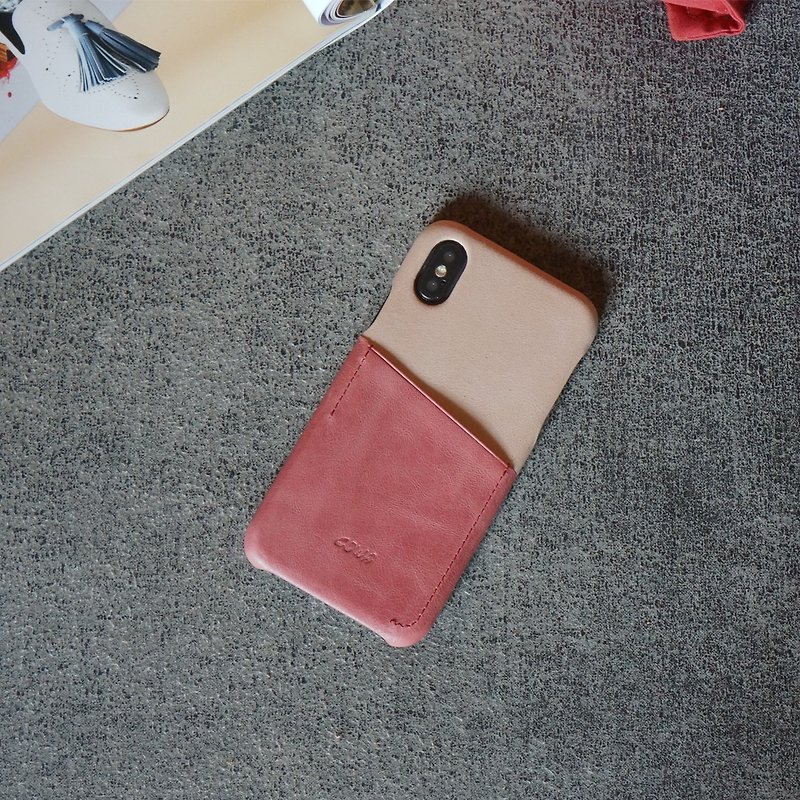 iPhone X two-tone leather phone case - quartz powder / coral red / card / - Phone Cases - Genuine Leather Pink