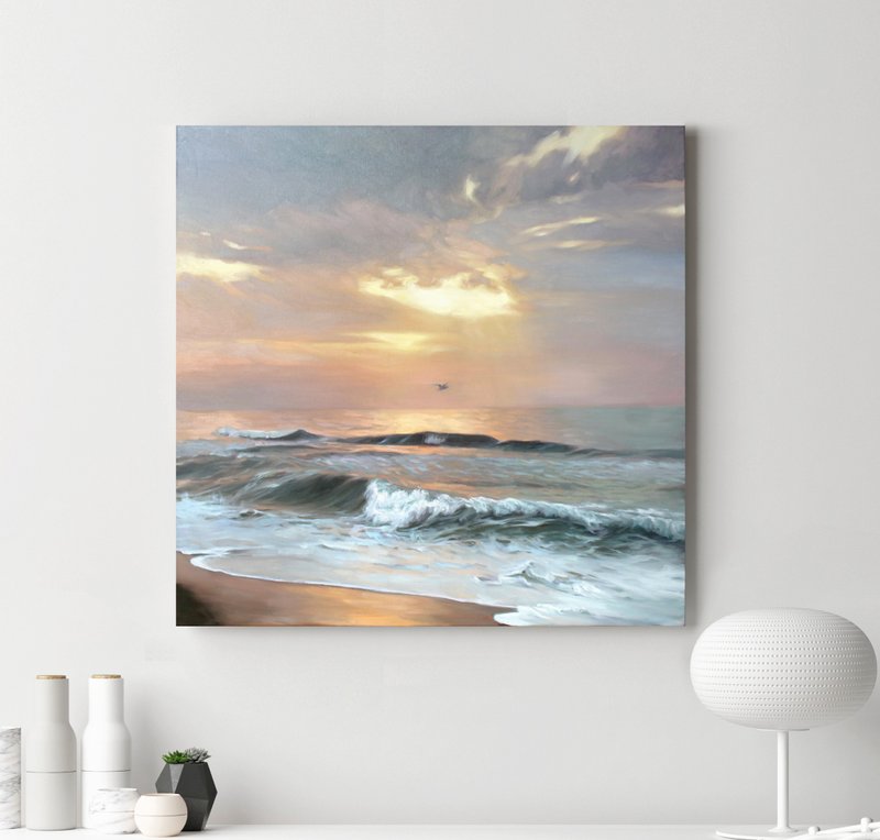 Seascape Painting | Oil Painting Sunset | Seascape Paintings | Sea Art | Seaside - 壁貼/牆壁裝飾 - 棉．麻 藍色