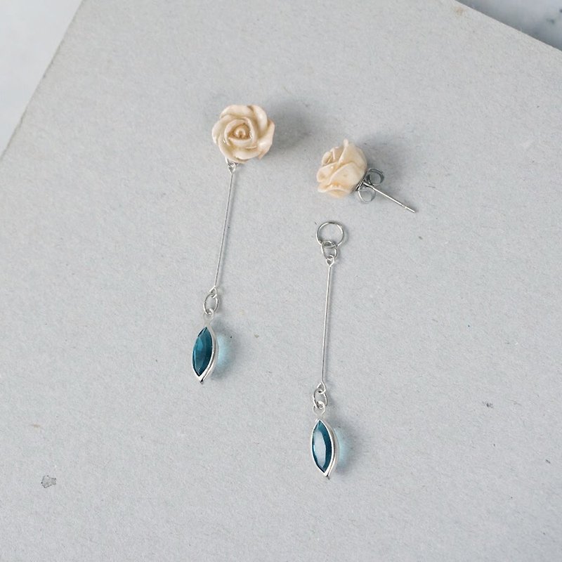 玫瑰兩用垂墜水晶耳環耳夾 手工黏土裱花 可客製 - 耳環/耳夾 - 黏土 藍色