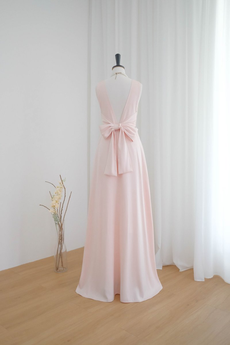 Pink blush bridesmaid dress backless prom party cocktail wedding dress - One Piece Dresses - Silk Pink