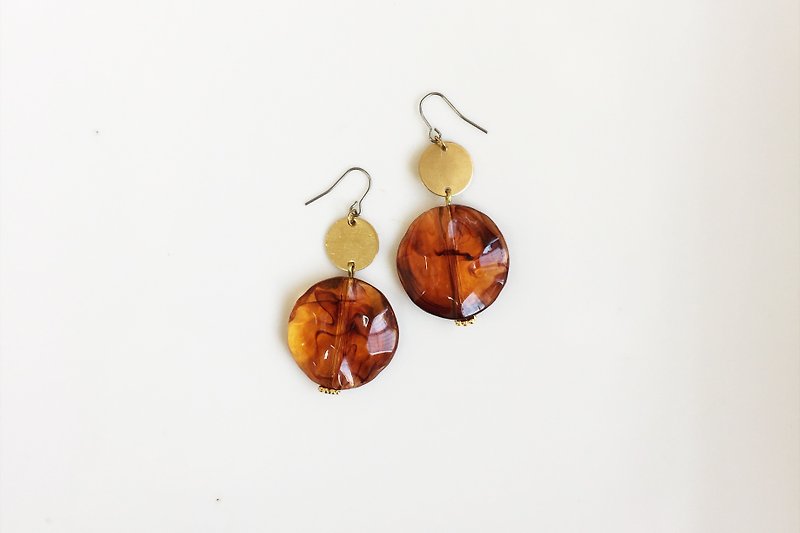[6 fold out of print out] AmberAmber brass antique resin earrings - Earrings & Clip-ons - Gemstone Brown