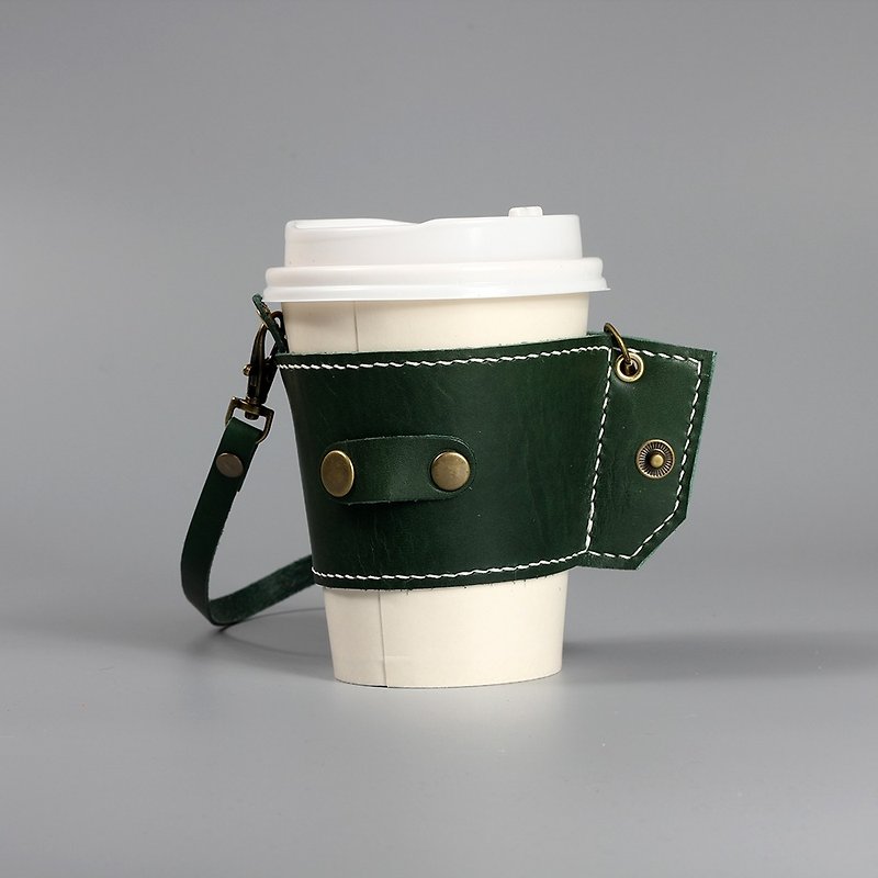 Rolled leather beverage bag, vegetable tanned cowhide, environmental protection bag, hand-stitched, compact and easy to store-dark green - ถุงใส่กระติกนำ้ - หนังแท้ สีเขียว