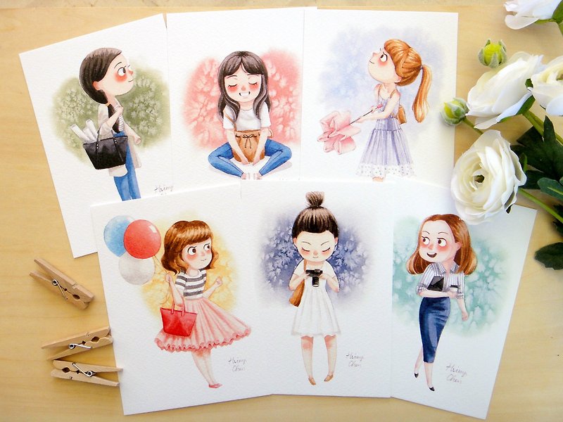 Daily Girls Illustrated Watercolor Postcards, Fashion, Mini Art Print, 6 Designs - การ์ด/โปสการ์ด - กระดาษ หลากหลายสี