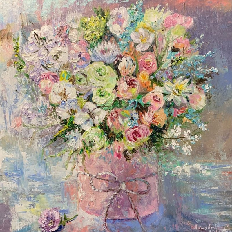 油画精致的花束玫瑰兰花现代执行在impasto技术40x40cm - 壁貼/牆壁裝飾 - 其他材質 粉紅色