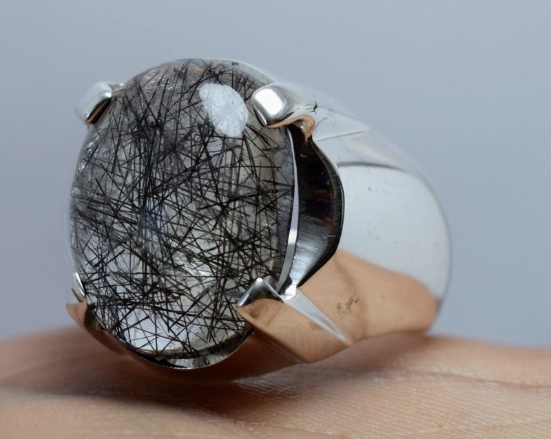 Natural Quartz Ring Black Lines Quartz Mens Moh e Najaf Rings Islamic Shia Rings - 戒指 - 寶石 黑色