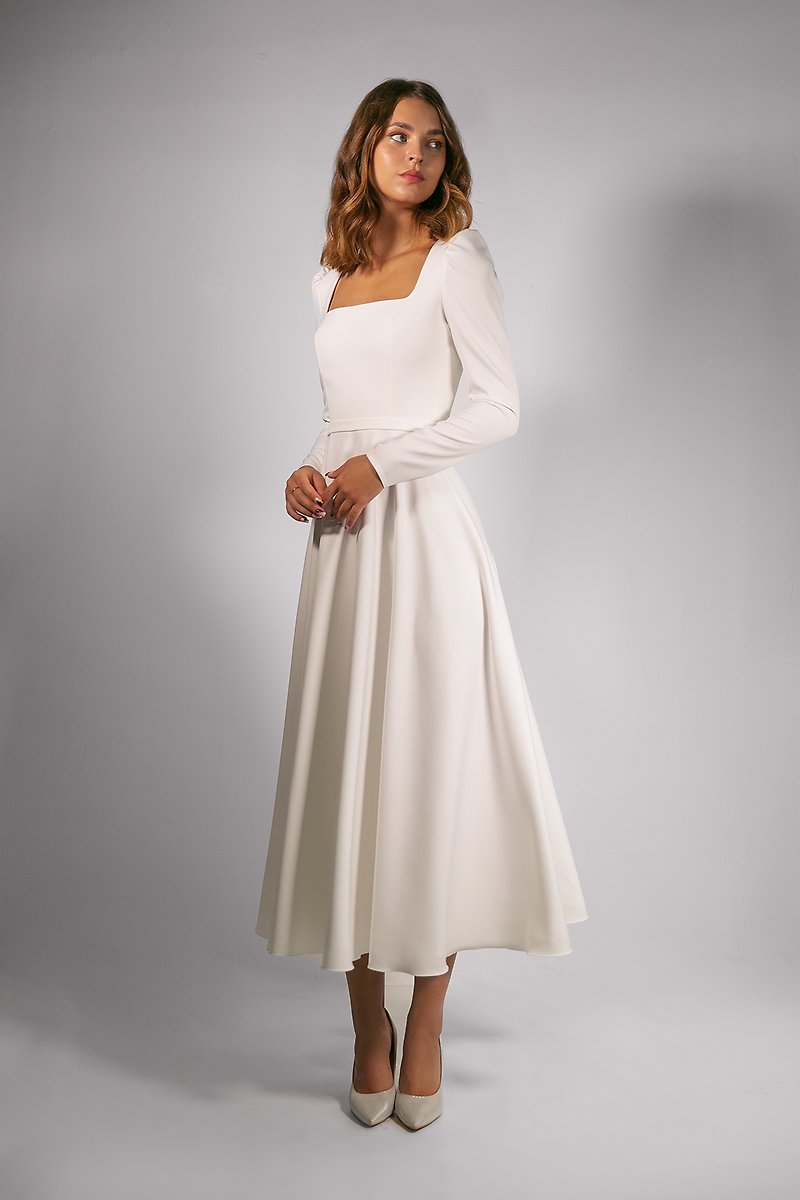 CAMILLA MIDI white dress cocktail dress wedding dress - 晚裝/晚禮服  - 聚酯纖維 白色