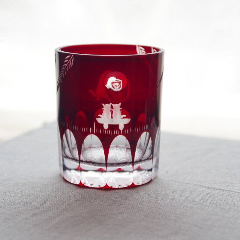 Japanese Direct Transmission Cat Moon Red Edo Kiriko Glass Limited Edition - Cups - Glass Red