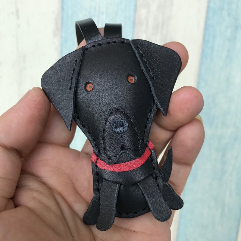 Healing small things black cute Taiwanese dog hand-stitched leather charm small size - พวงกุญแจ - หนังแท้ สีดำ