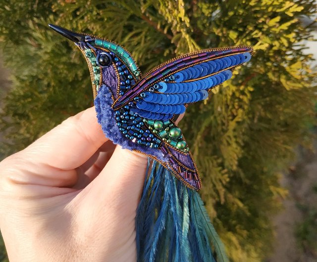 Outlets Handmade embroidered brooch hummingbird bird, summer bird of paradise brooch, hummingbird silk brooch, crystal beads brooch bird