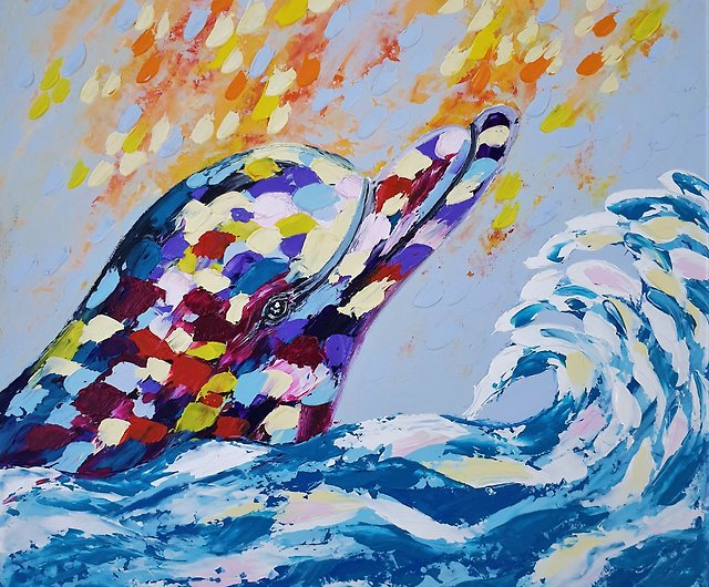 イルカ絵画海オリジナルアート水中ウォールアート小さな油絵