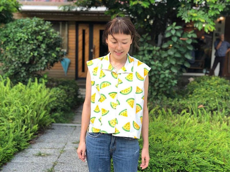 Xiaoyu Watermelon Flat Collar Sleeveless Blouse - Women's Tops - Cotton & Hemp Yellow