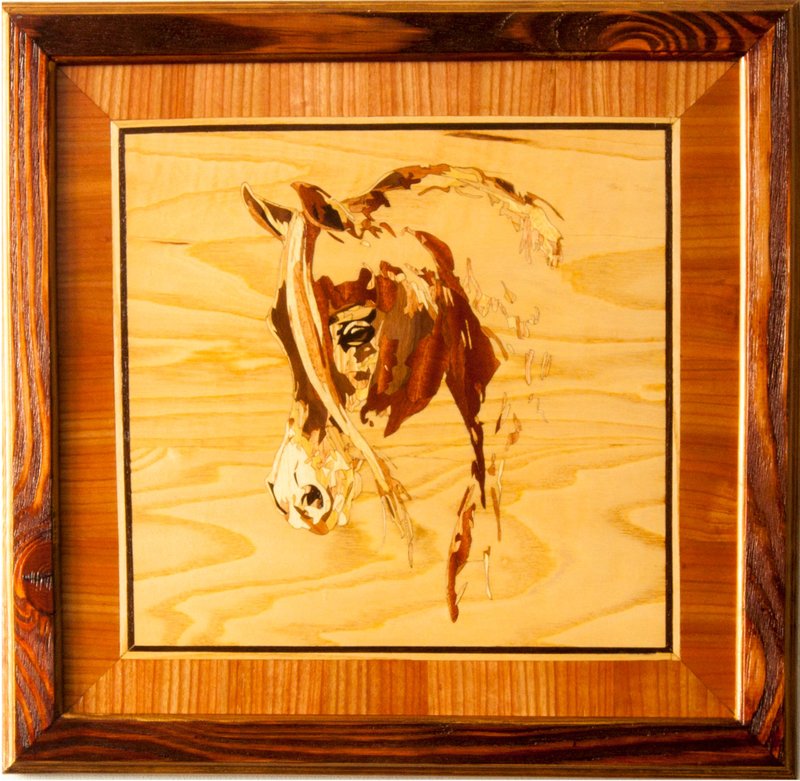 Horse 3 wood mosaic framed panel inlay marquetry veneer wall art home decor eco - ตกแต่งผนัง - ไม้ สีส้ม