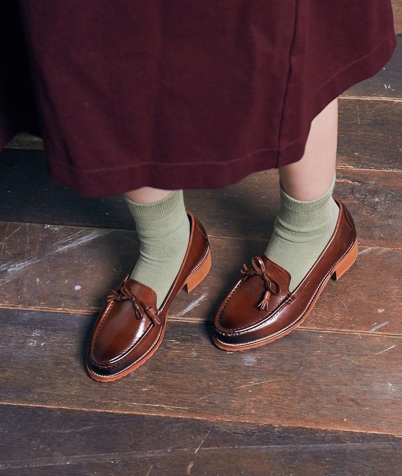 [Jazz Symphony] Vintage Tassel Bow Loafers _ Caramel Dark Brown - Women's Oxford Shoes - Genuine Leather Brown