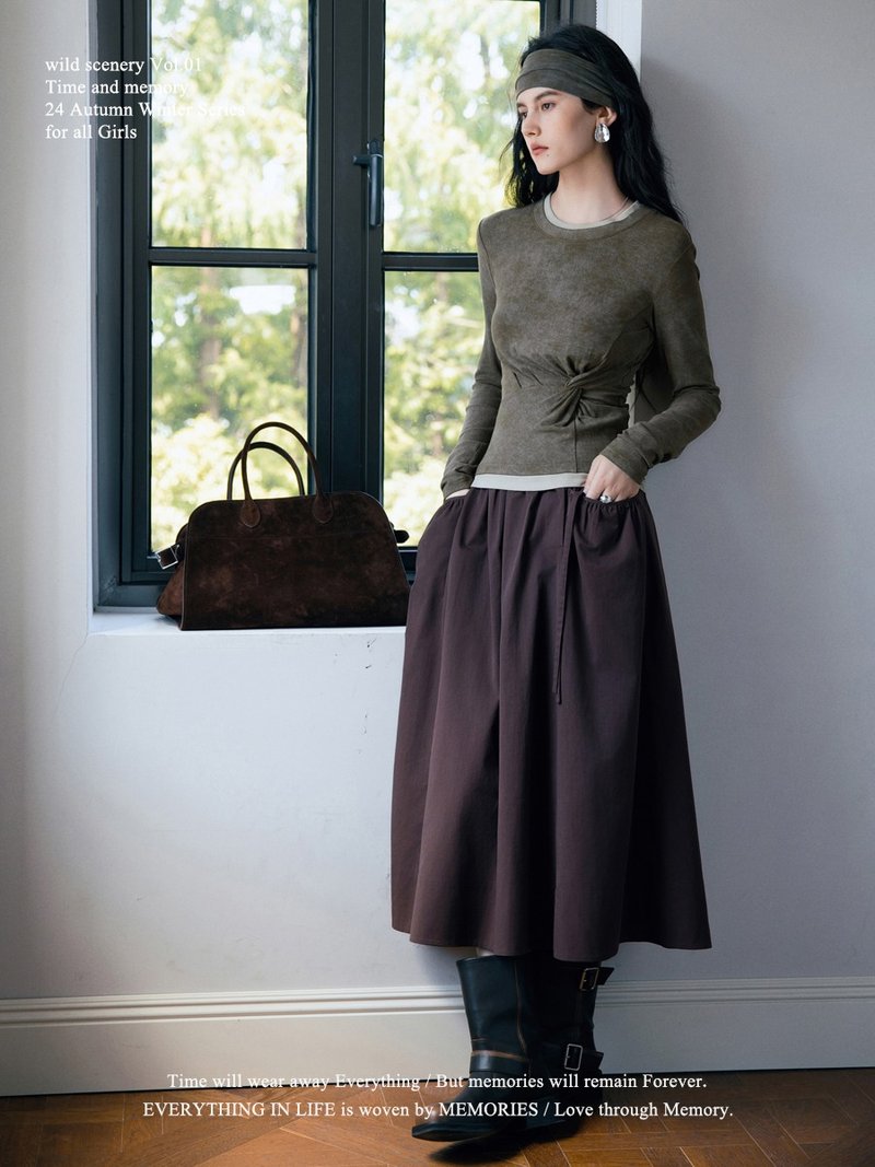 巧克力色 萊德拉 復古隨性半身裙 慵懶抽皺繫帶廓形傘裙 - 裙子/長裙 - 棉．麻 咖啡色