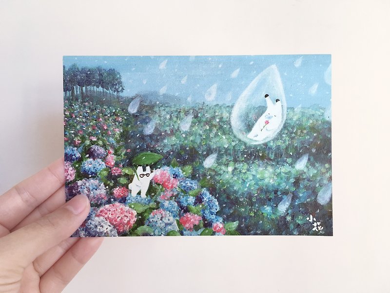 日系小兔子綉花球插畫卡片 明信片 - 心意卡/卡片 - 紙 藍色