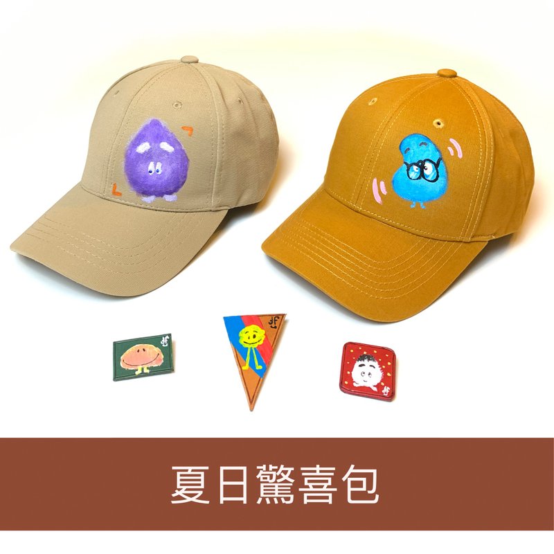 [Summer Surprise Pack] 1 hand-painted hat + 1 leather hand-painted pin - หมวก - ผ้าฝ้าย/ผ้าลินิน หลากหลายสี