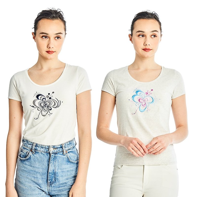 Embroidery florals with gem stones tee - Women's T-Shirts - Cotton & Hemp White