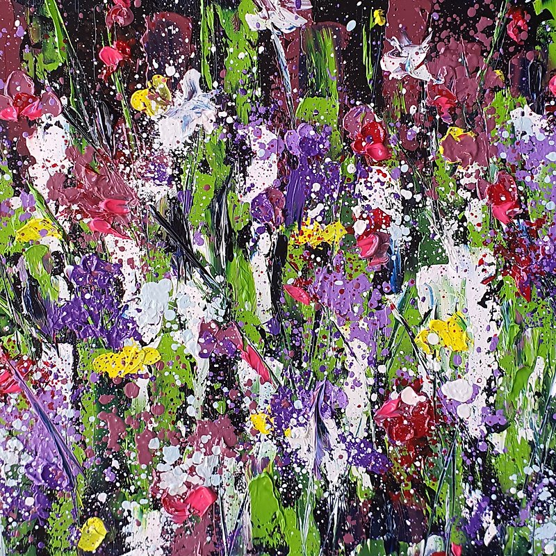 Original Oil Painting Clover Wildflowers Wall Art Meadow Flowers Artwork 9 by 12 - 掛牆畫/海報 - 其他材質 黑色