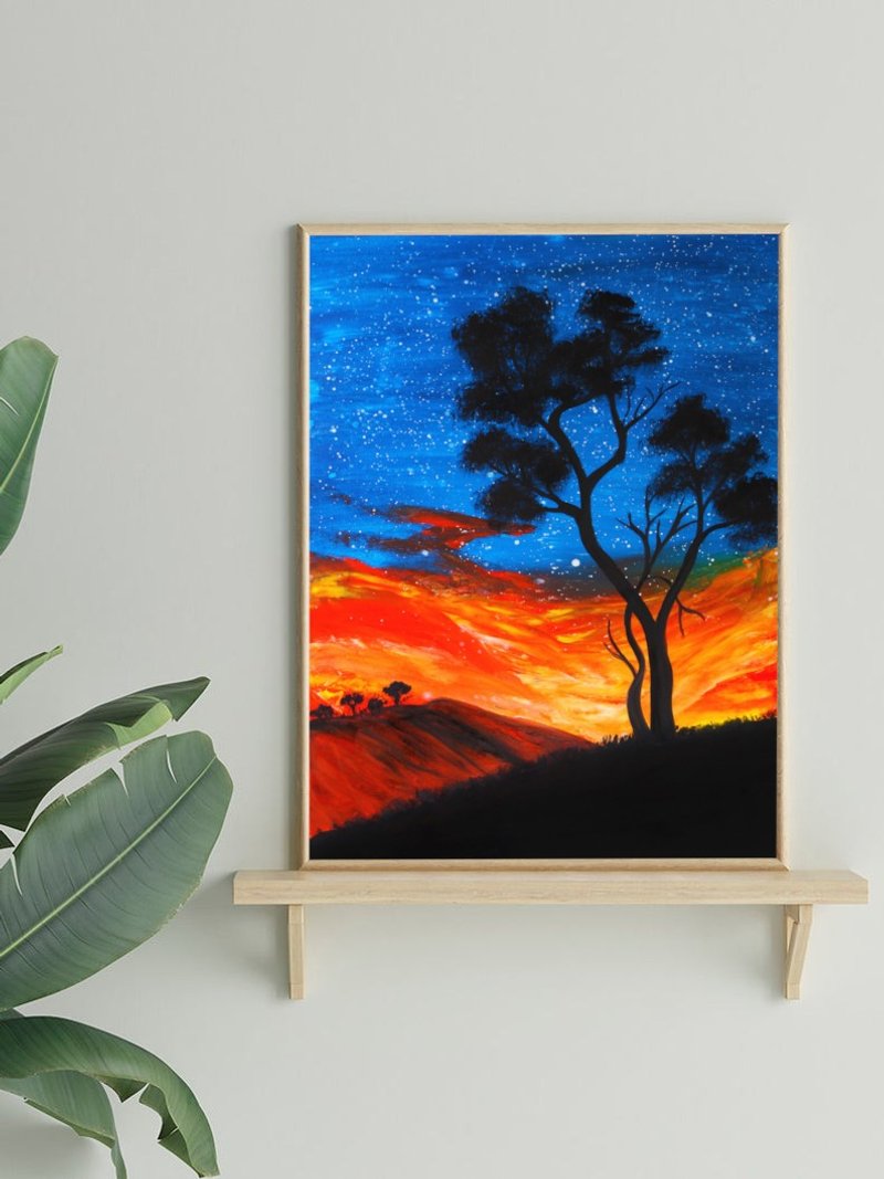 Cosmic Sunrise: A Tree Silhouette Against a Starry Sky - Wall Décor - Cotton & Hemp Multicolor