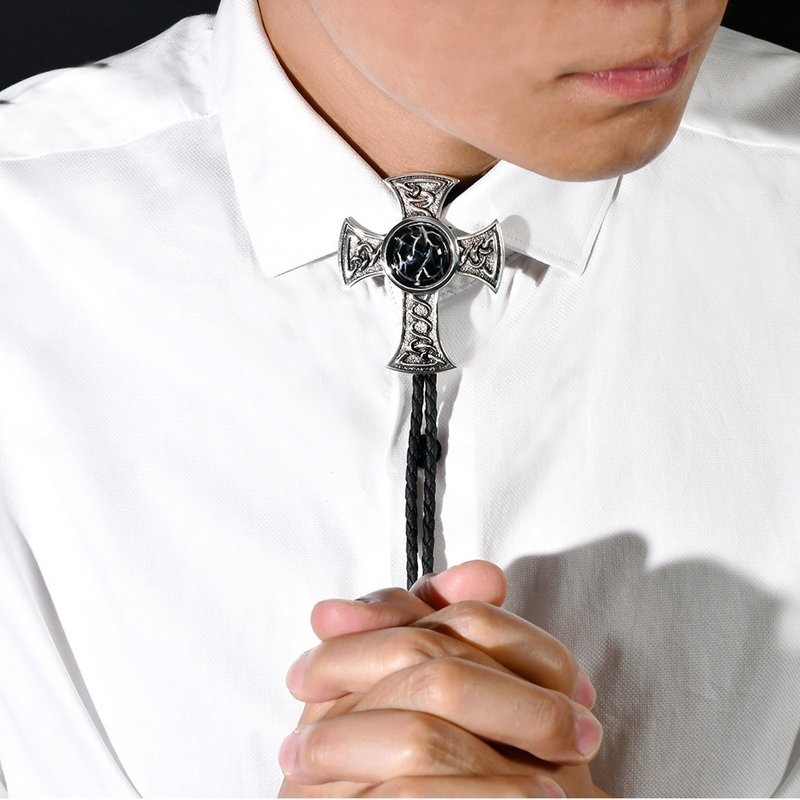 凱爾特結十字架 保羅領帶 Bolo Tie 真皮 皮革項鍊 皮繩領帶 - 領帶/領帶夾 - 真皮 銀色