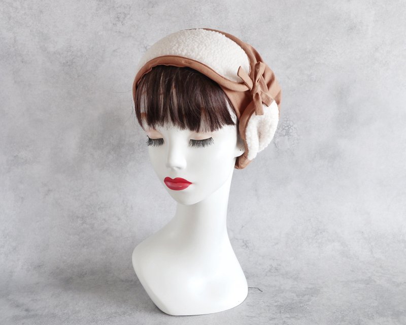 2way medical hair turban piping sash belt alpaca boa milk white & camel - เครื่องประดับผม - ผ้าฝ้าย/ผ้าลินิน สีกากี