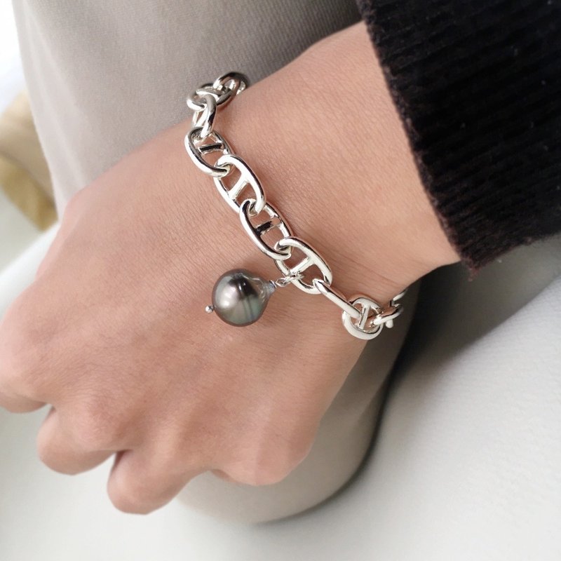 タヒチ産黒蝶真珠 シルバークラスプ ブレスレット - 手鍊/手環 - 貴金屬 黑色