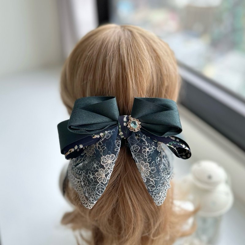 Exclusive lace bow intersecting clip banana clip fairy clip hair clip - dark green - เครื่องประดับผม - วัสดุอื่นๆ สีเขียว