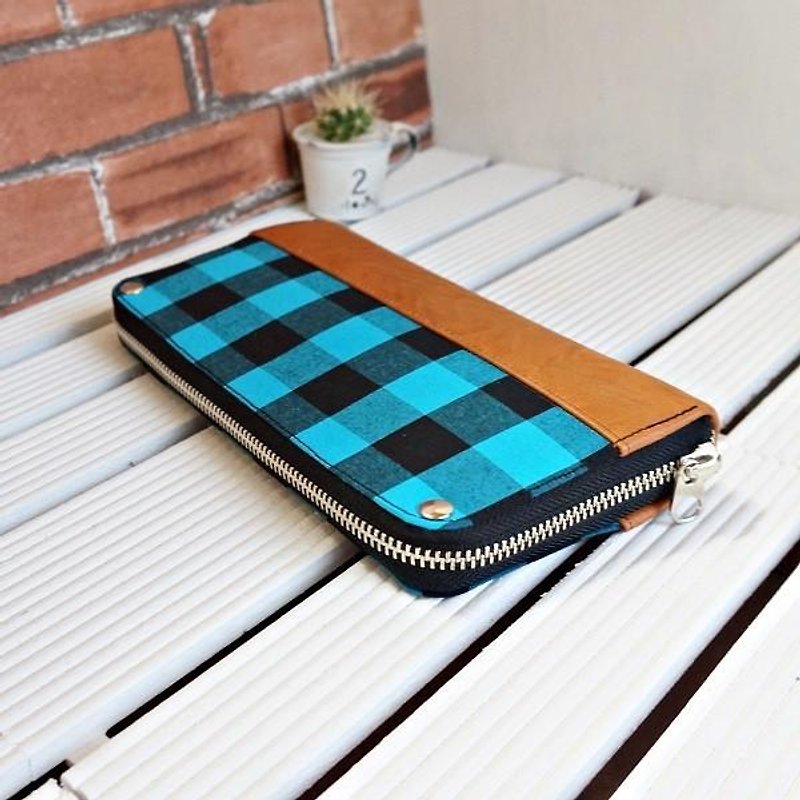 Turquoise check ★ round zipper Purse - Wallets - Genuine Leather Blue