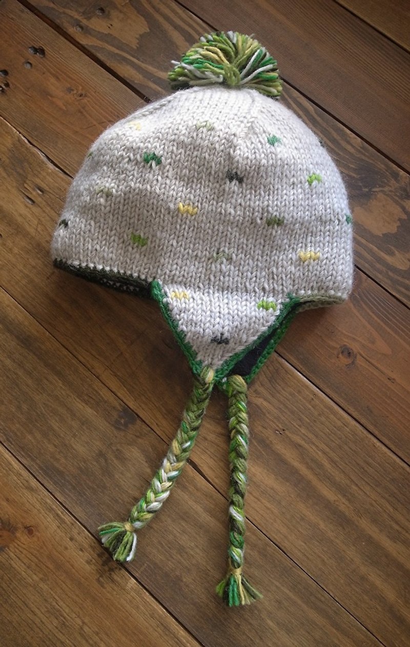 ウール手編みキャップ、グリーンイヤー、ライトグレーボトム - 帽子 - ウール グリーン