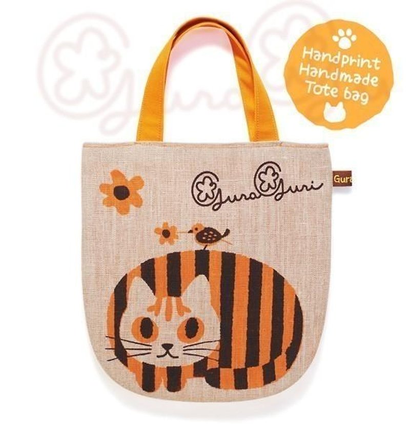 GuraGuri | linen mini tote bag | Orange round cat - Handbags & Totes - Cotton & Hemp Orange