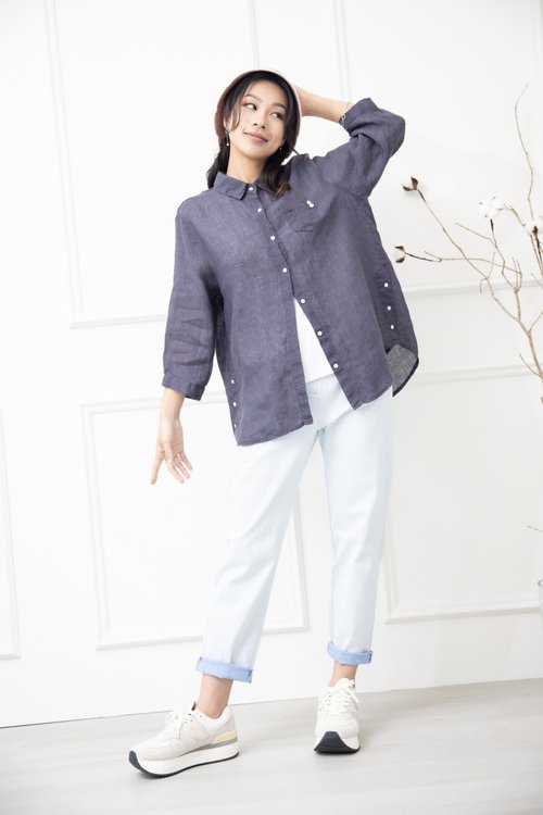 Meya 編縫編織 素面口袋2鈕扣 七分袖襯衫上衣 紫灰色