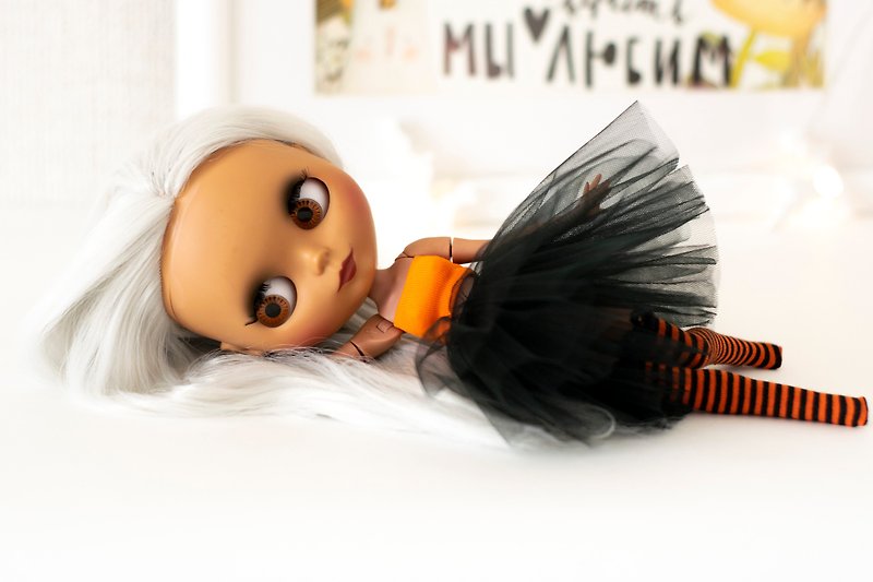Black and orange set of clothes for dolls Blythe, Pullip, BJD 1:6, Halloween - Stuffed Dolls & Figurines - Cotton & Hemp Black