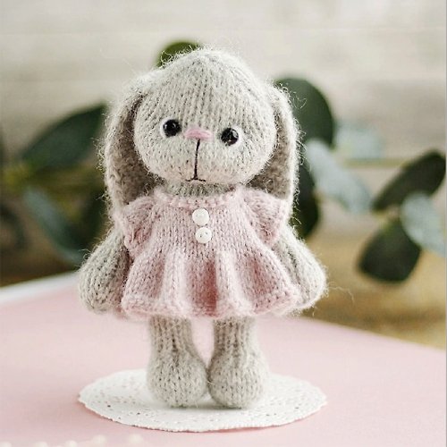 Cute Knit Toy Bunny knitting pattern. Cute animal toy in a dress. DIY plush toy