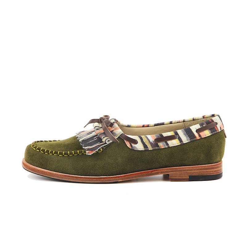 StripeLine W1060 ArmyGreen leather loafers - 女牛津鞋/樂福鞋 - 真皮 綠色
