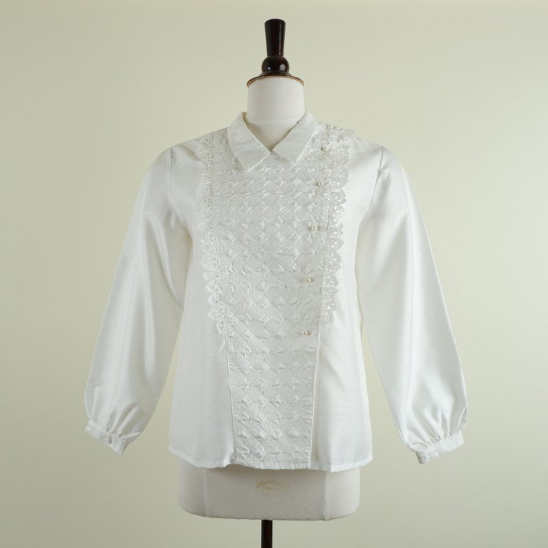 Vintage Off White Long Sleeve Blouse With Lace Detail - Women's Tops - Polyester White