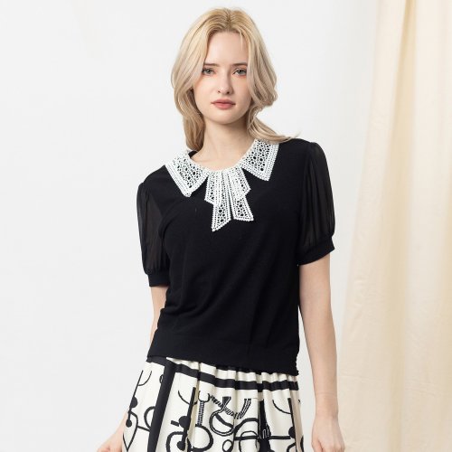 MEDUSA LADY 【MEDUSA】典雅蕾絲領拼接袖上衣(M-XL) | 女休閒上衣 氣質上衣