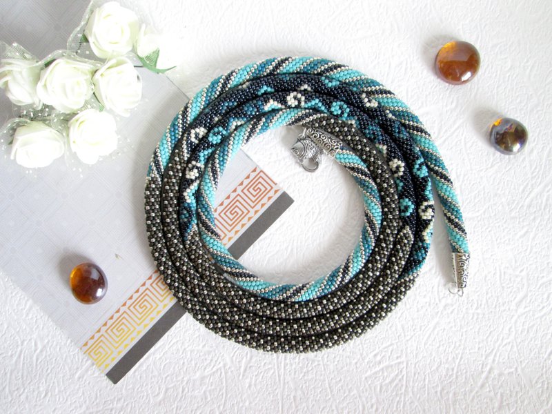 Turquoise Necklace beaded necklace handmade beauty gifts for mom statement gift - 長項鍊 - 其他材質 多色