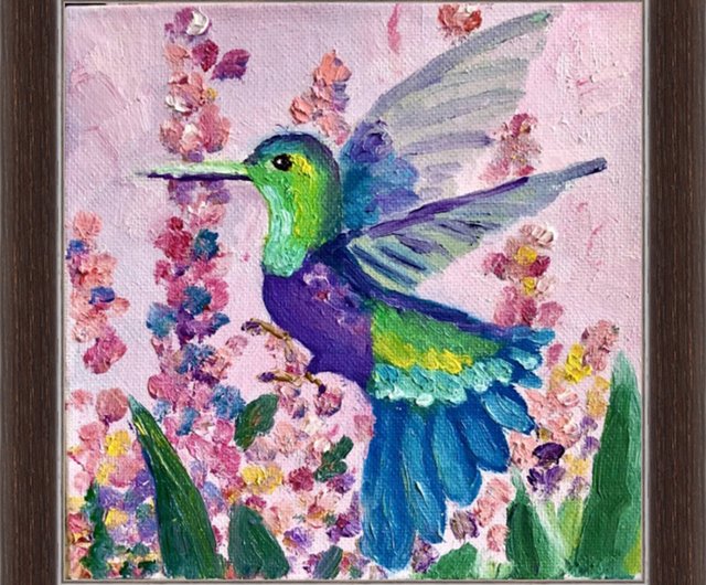 Hummingbird Painting Birds Oil Artwork Hummingbird and Flowe