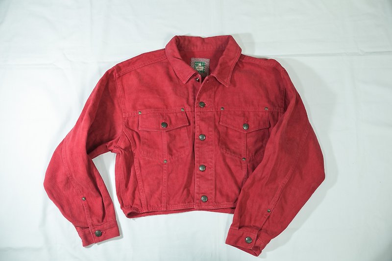 [3thclub Ming Ren Tang] Lee denim jacket short-80s style red Lees-001 - เสื้อแจ็คเก็ต - ผ้าฝ้าย/ผ้าลินิน สีแดง