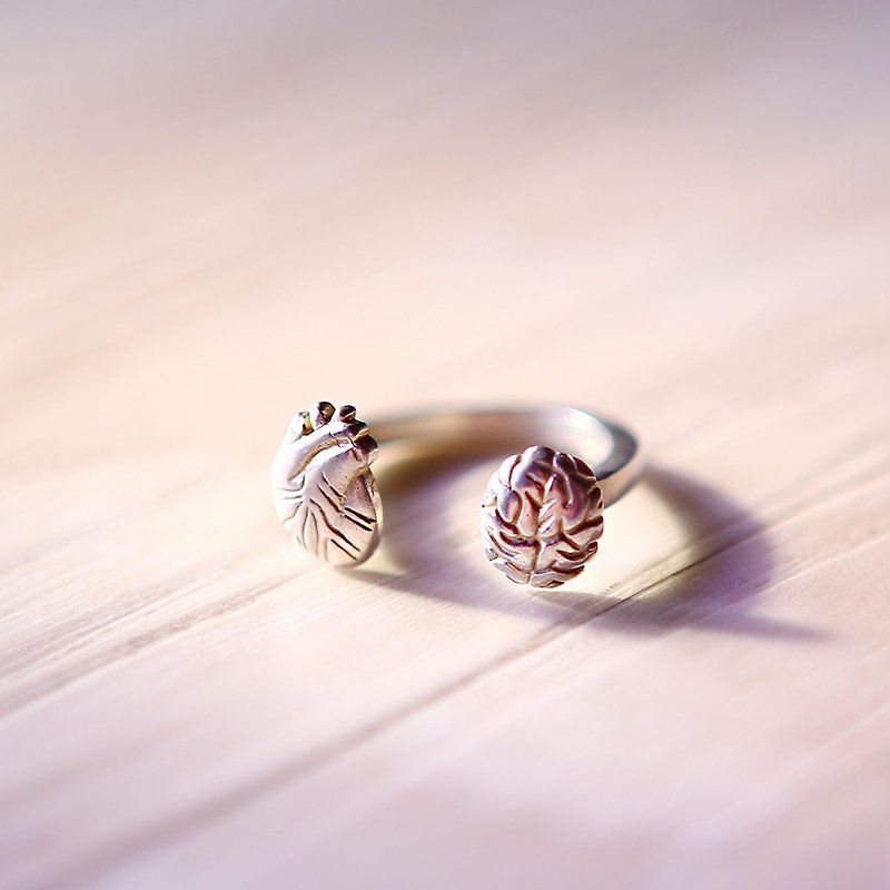 Sterling Silver Anatomical Heart & Anatomical Brain Ring, Heart Ring, Brain Ring - 戒指 - 銀 銀色